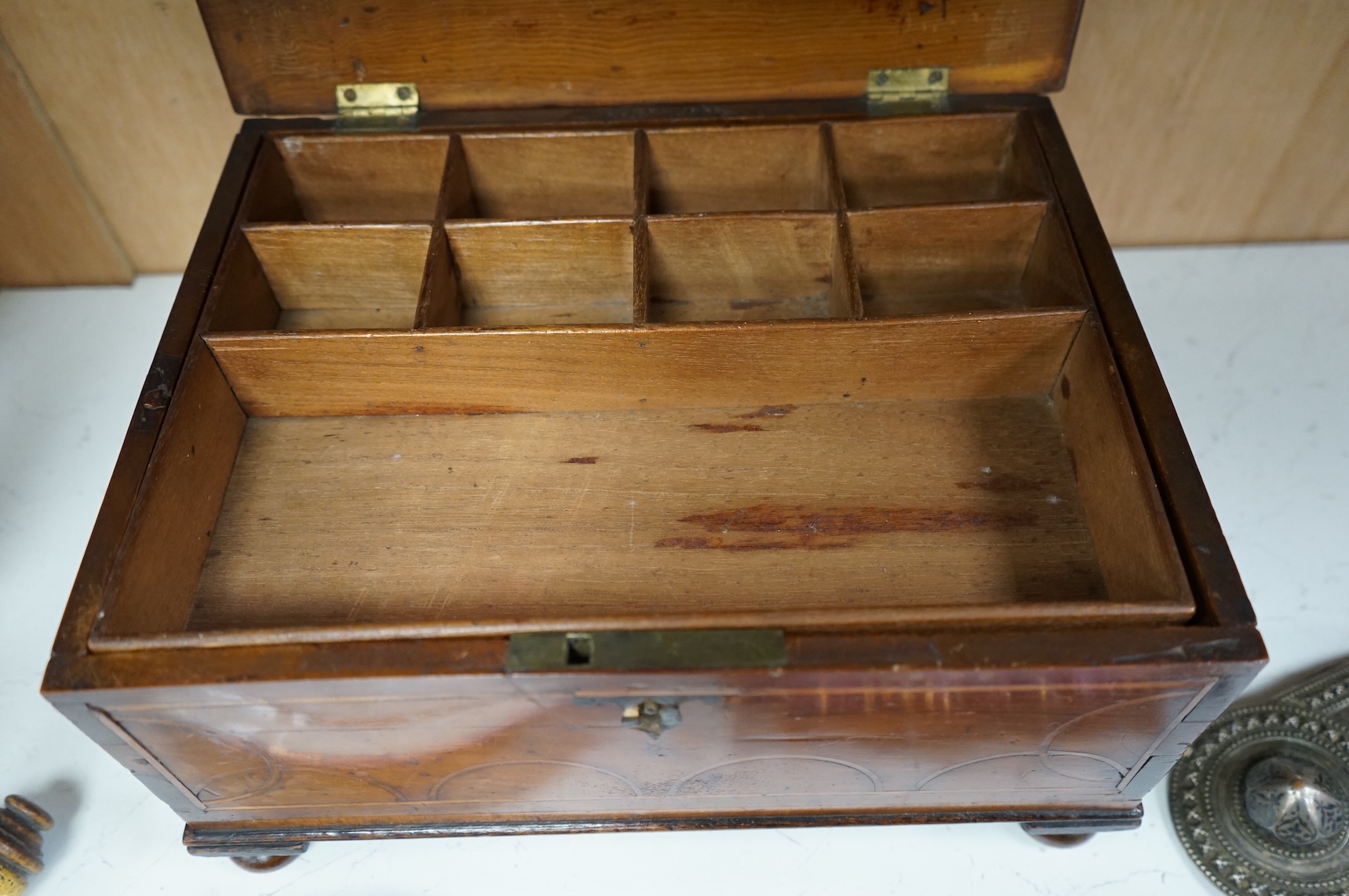 A William III yew wood and line inlaid bible box, some later alterations, with key, 34cm wide